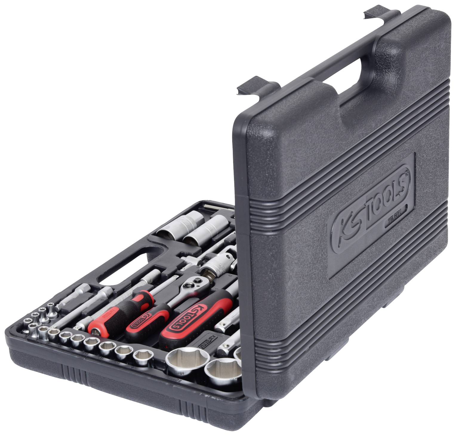 Ein schwarzer Werkzeugkoffer mit verschiedenen Werkzeugen, darunter Schraubendreher, Steckschlüssel und Verlängerungen.