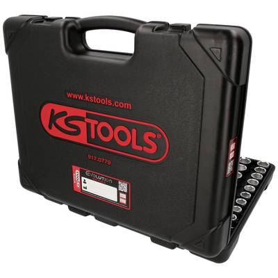 Ein schwarzer Werkzeugkoffer der Marke 'KS Tools' mit rotem Logo, teilweise geöffnet, zeigt einen Satz Steckschlüsseleinsätze.