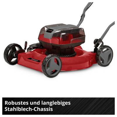 Roter Elektro-Rasenmäher mit schwarzem Stahlblech-Chassis; Text: 'Robustes und langlebiges Stahlblech-Chassis'.<br>