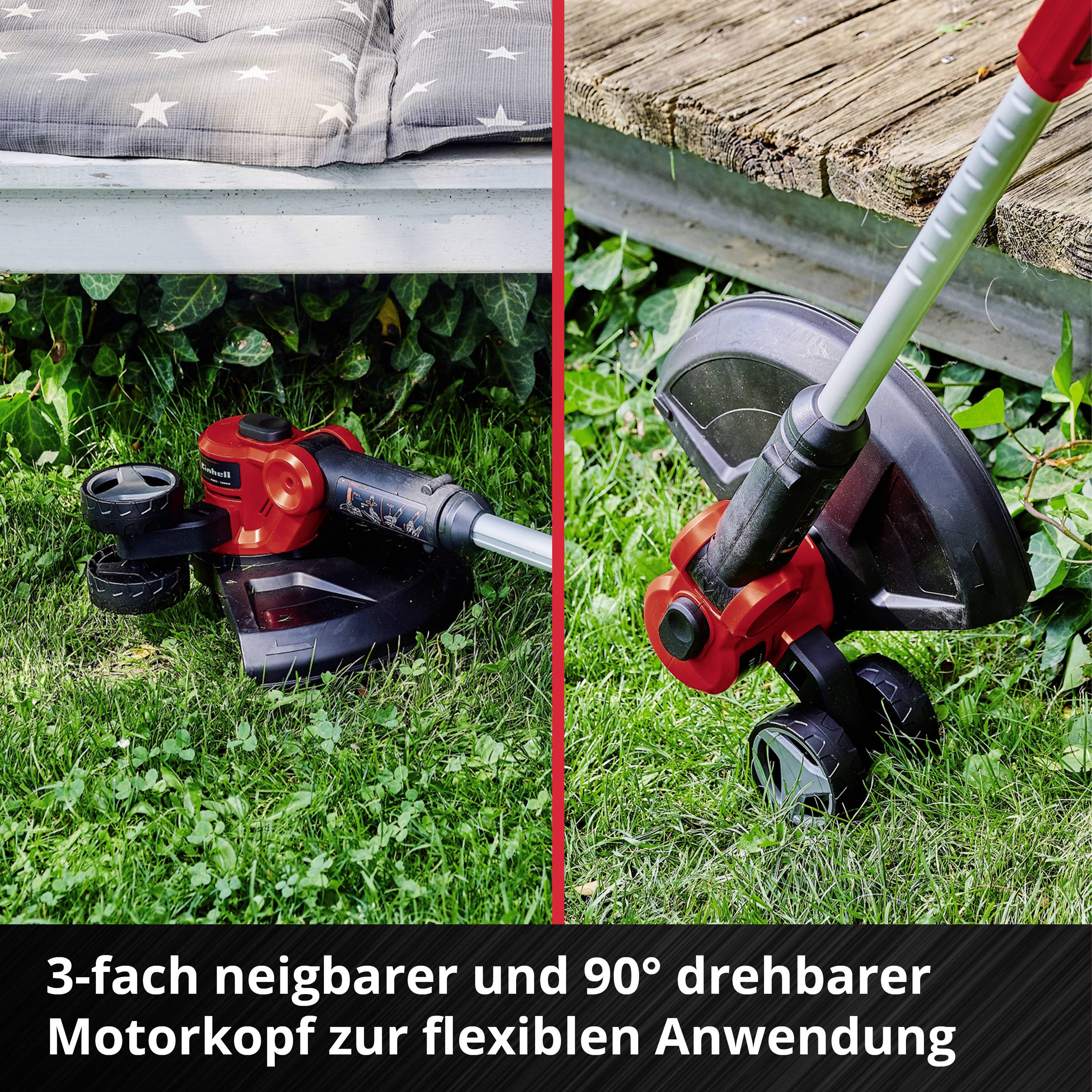 Rasenmäher mit dreifach neigbarem und 90° drehbarem Motorkopf für flexible Anwendung auf einer Wiese.