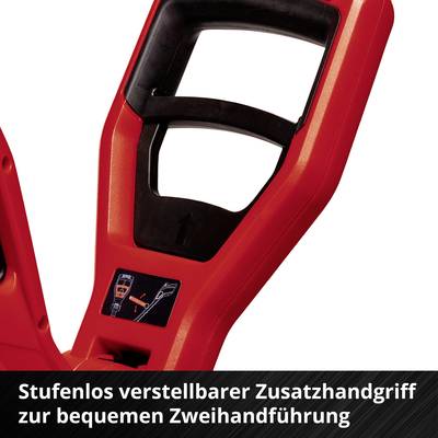 Ein roter, verstellbarer Zusatzhandgriff für Werkzeuge, ermöglicht bequeme Zweihandführung.