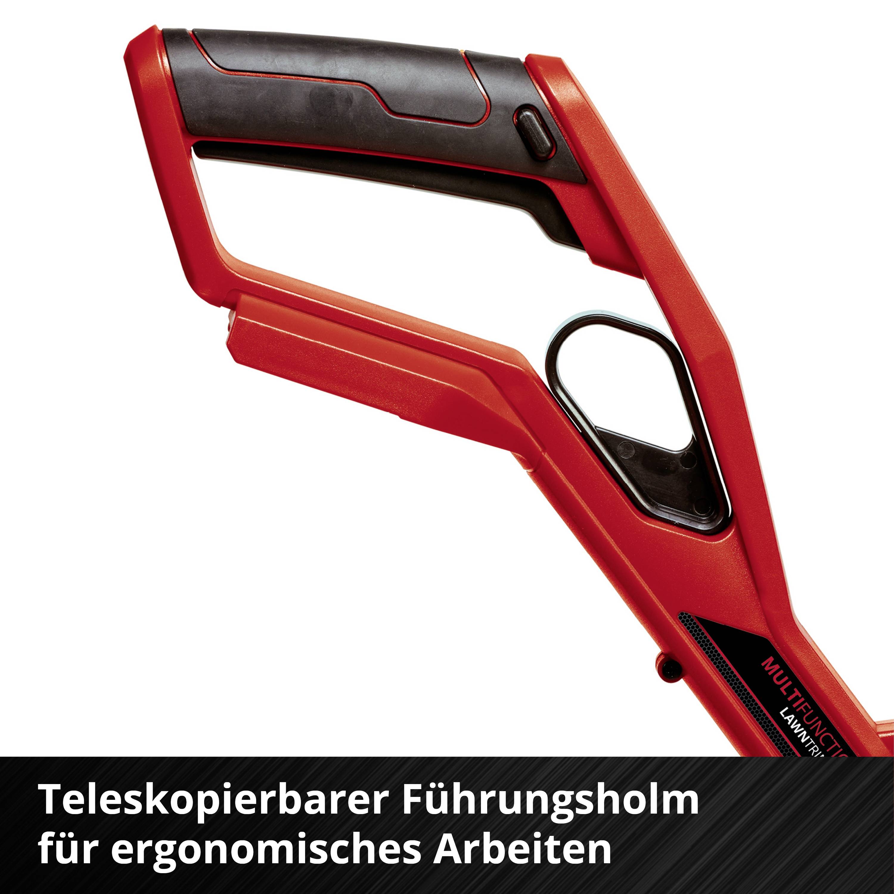 Ein roter, ergonomisch gestalteter Teleskopgriff eines Werkzeugs. Darunter Text: 'Teleskopierbarer Führungsholm für ergonomisches Arbeiten'.