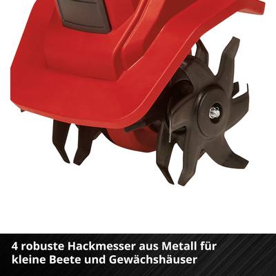 Ein rotes Gartenwerkzeug mit vier robusten Hackmessern aus Metall, geeignet für Beete und Gewächshäuser.