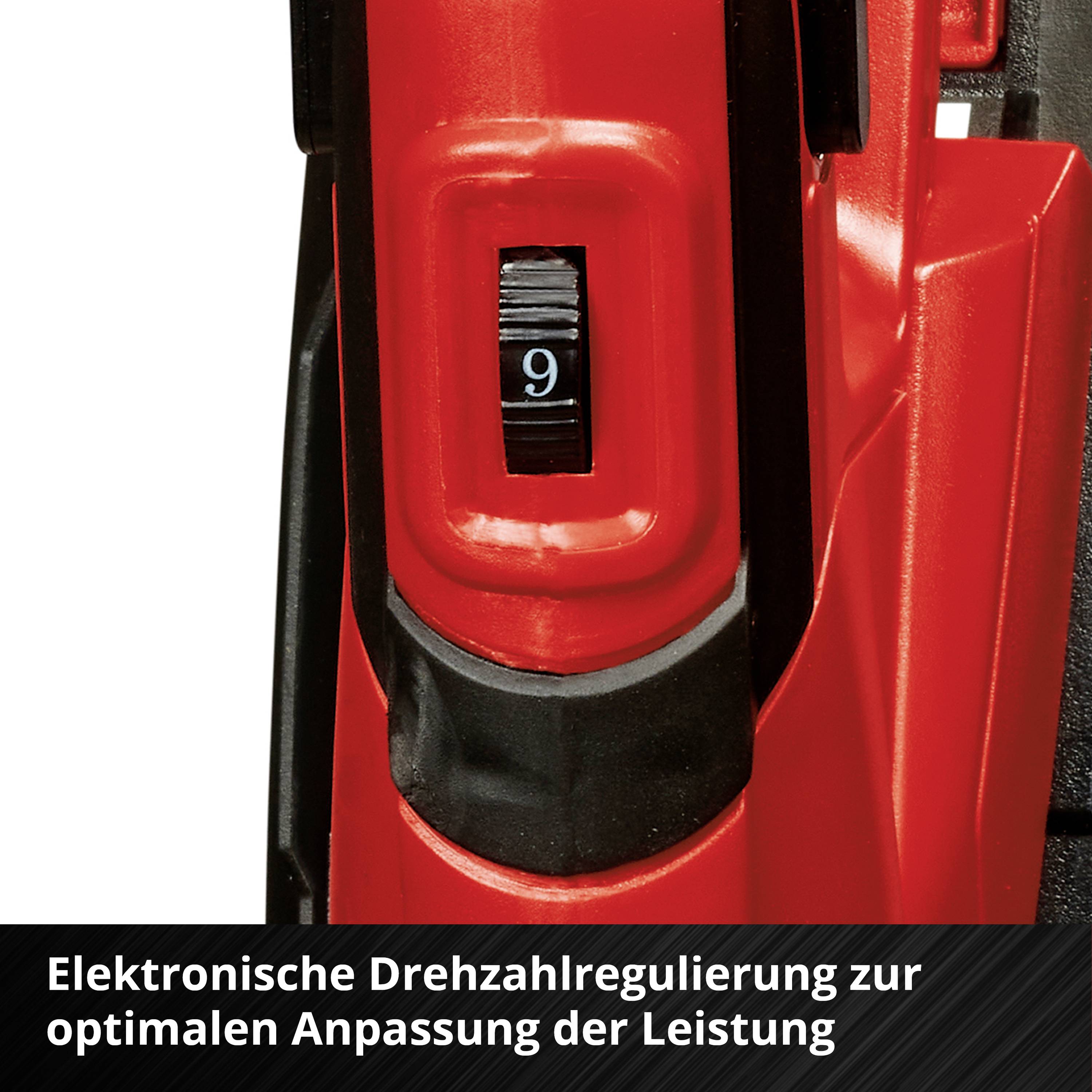 Roter Elektrowerkzeuggriff mit schwarzem Drehregler. Zahl '9' sichtbar. Text darunter: 'Elektronische Drehzahlregulierung zur optimalen Anpassung der Leistung'.