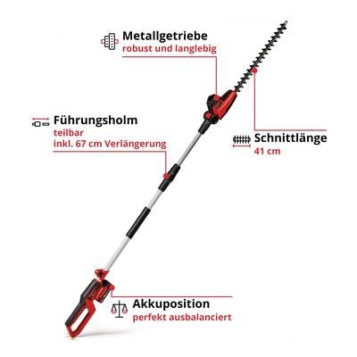 Langstiel-Heckenschere mit Metallgetriebe, teilbarem Führungsholm, 41 cm Schnittlänge und ergonomischer Akkuposition.