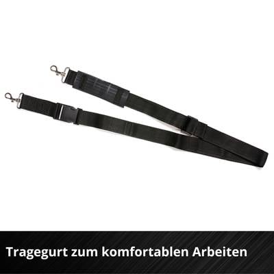 Schwarzer Tragegurt mit zwei Metallhaken an den Enden auf weißem Hintergrund. Text unten: 'Tragegurt zum komfortablen Arbeiten'.