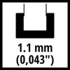 '1,1 mm (0,043”)' zeigt die Dicke oder Breite eines Objekts in Millimetern und Zoll an.