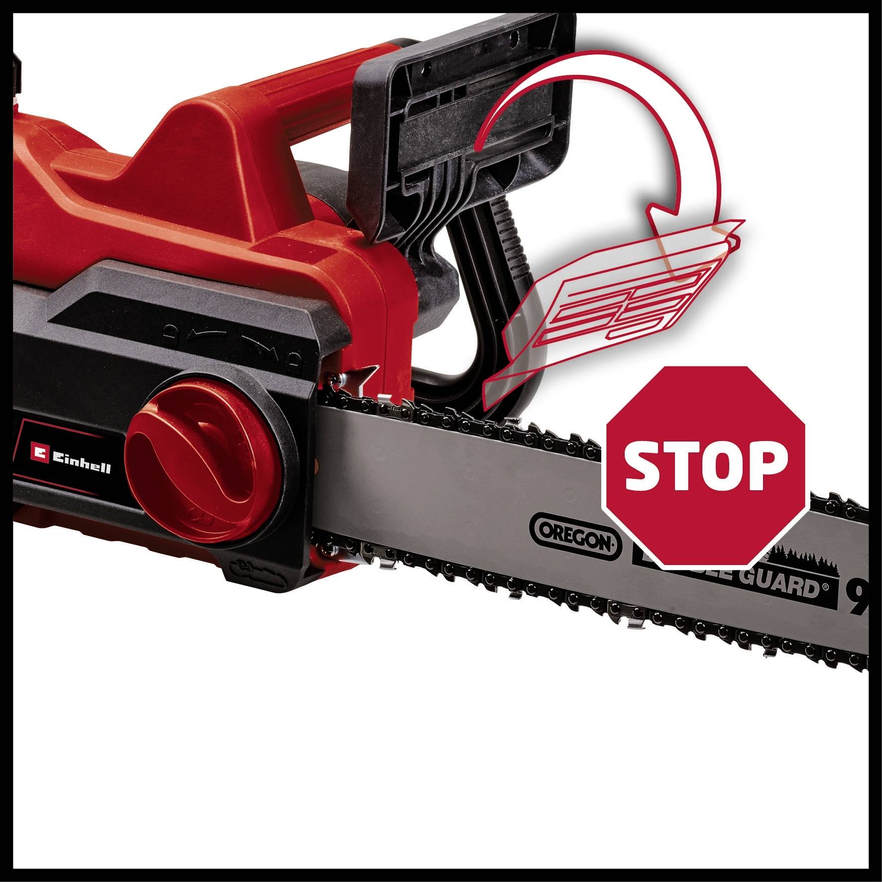 Ein roter Schalter auf einer Kettensäge, begleitet von einem durchgestrichenen Handsymbol und einem Stoppschild, weist auf Gefahr hin.