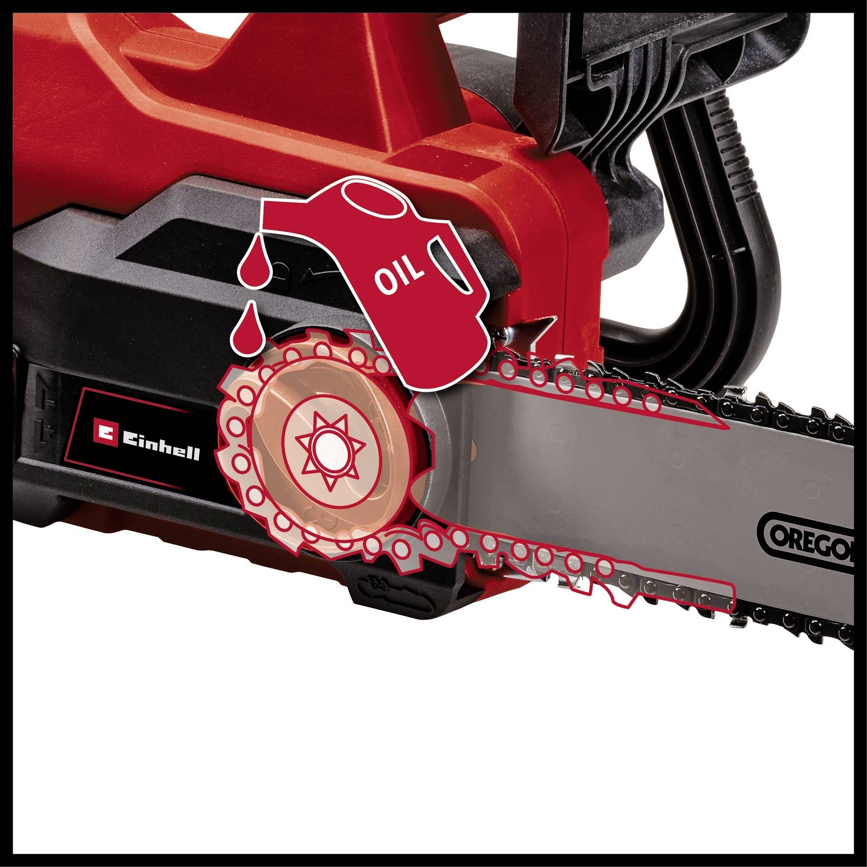 Eine rote Kettensäge mit einem Symbol, das einen Ölkanister zeigt, der Öl auf die Kette gießt.