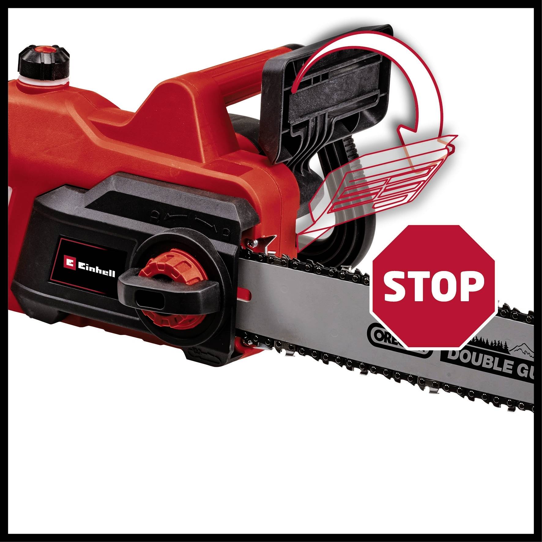 Eine rote Kettensäge mit einem Stoppschild-Symbol.