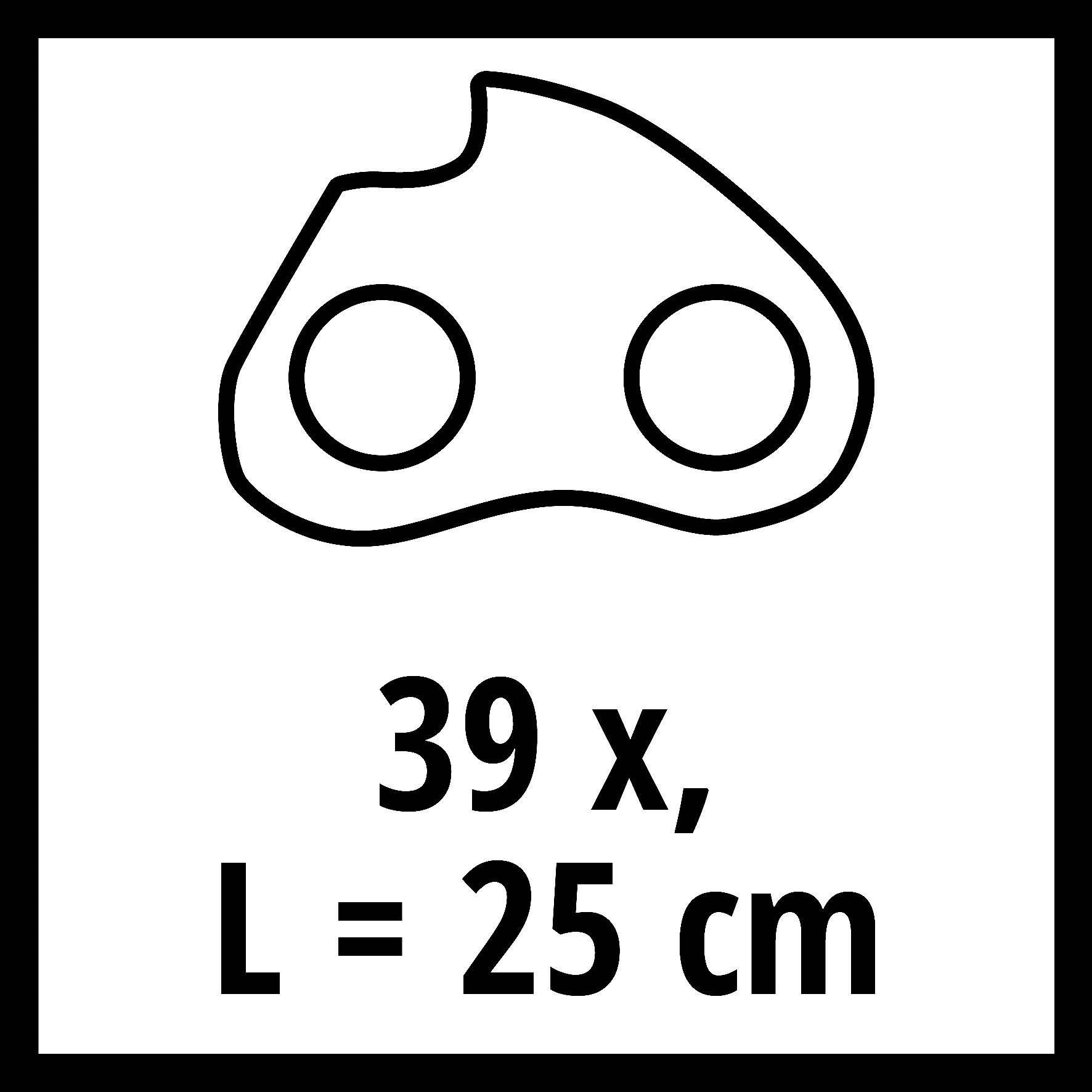 Ein schwarz-weißes Symbol eines Kettenblatts mit der Aufschrift '39 x, L = 25 cm', wahrscheinlich zur Darstellung eines technischen Details.