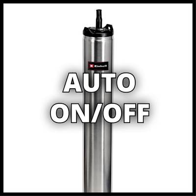 Silberne Einhell-Pumpe mit 'AUTO ON/OFF'-Text im Vordergrund, Hinweis auf automatische Aktivierung und Deaktivierung.