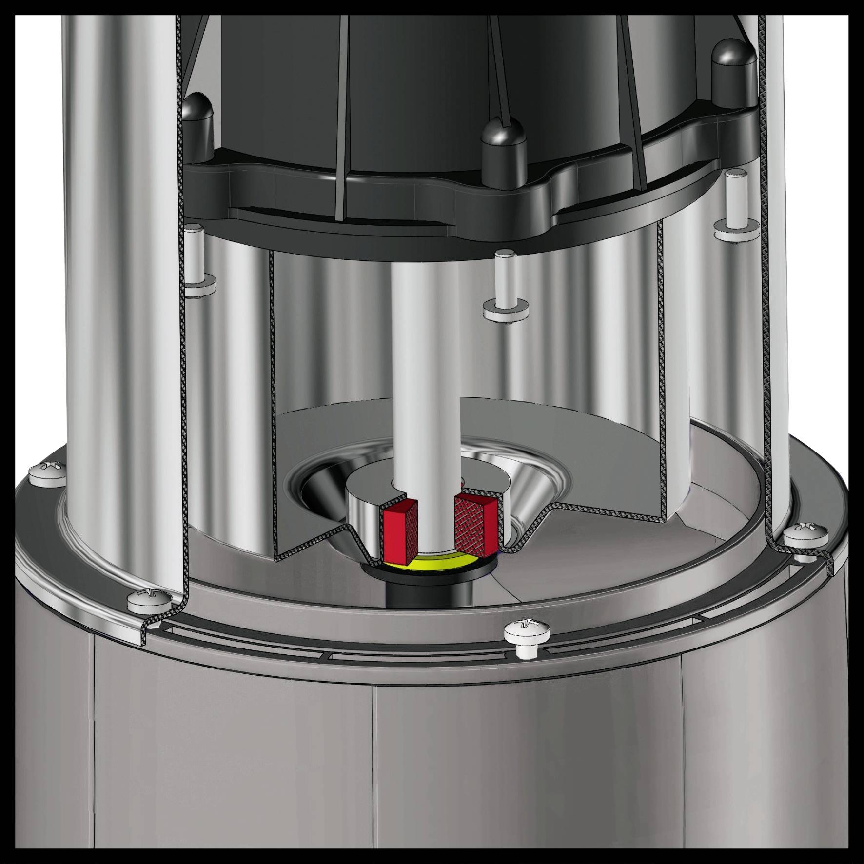 Diagramm eines mechanischen Aufbaus mit säulenartigen Komponenten und farbigen Markierungen. Zeigt technische Details und Verbindungen.