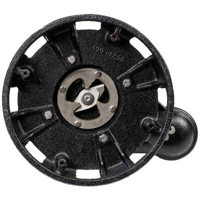 Alte mechanische Filmkamera-Rolle in Schwarz mit fächerförmigem Design und sichtbarer innerer metallischer Mechanik.