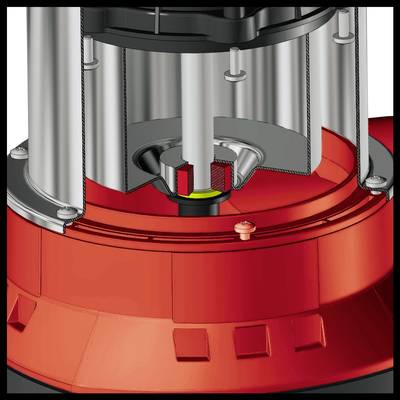 Ein rotes Maschinenbauteil mit metallischen Röhren zeigt einen Querschnitt eines Mechanismus. Zentrale Achse mit Scheiben ist sichtbar.