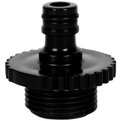 Ein schwarzer Adapter mit Schraubgewinde und geripptem Ende, geeignet zur Verbindung von Schläuchen mit verschiedenen Anschlüssen.