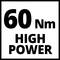 '60 Nm High Power' in schwarzer Schrift auf weißem Hintergrund, Hinweis auf Drehmomentstärke und Leistungsfähigkeit eines Geräts.
