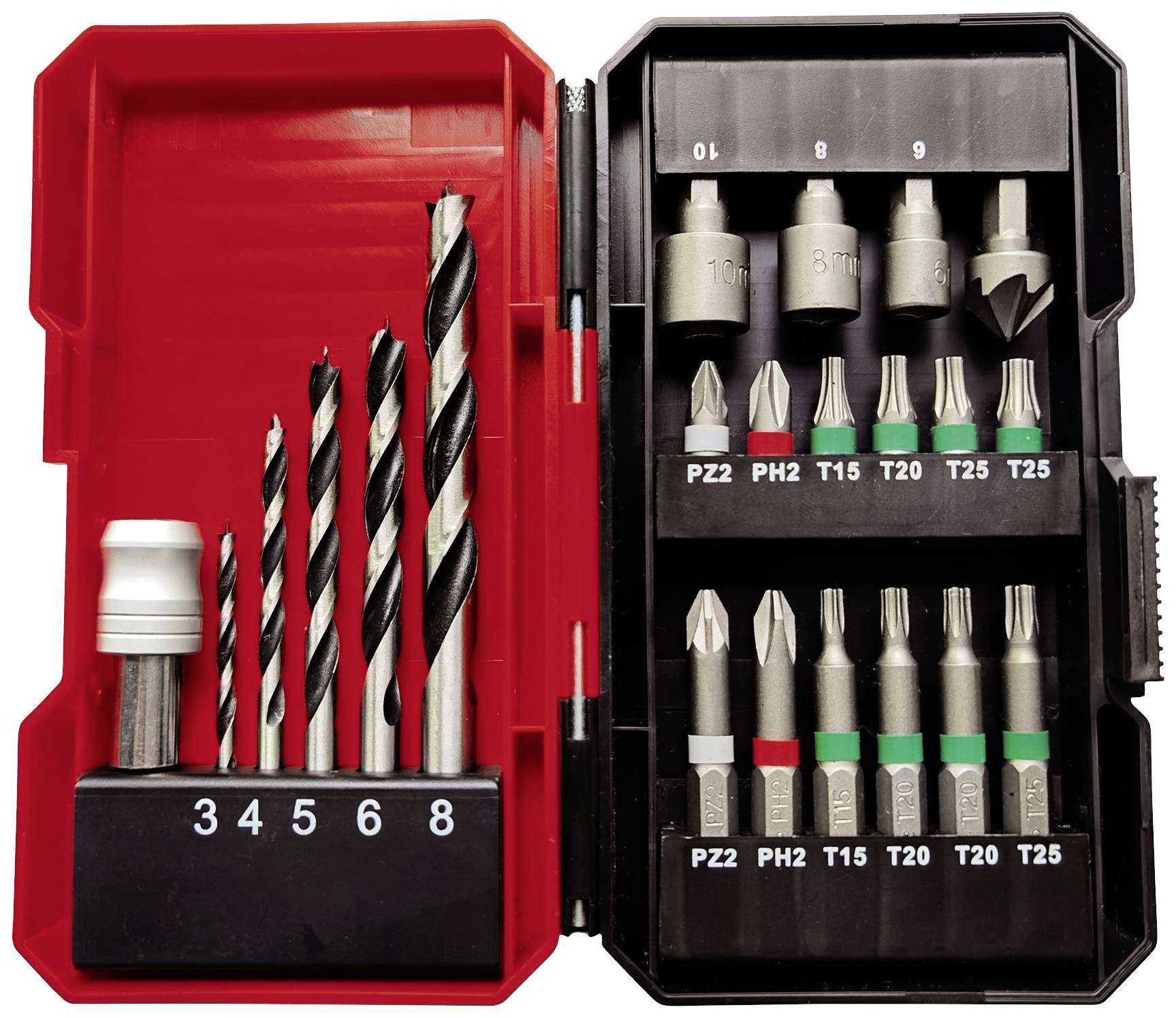Bohrer- und Bit-Set in rotem Koffer. Enthält Spiralbohrer und verschiedene Schraubbitgrößen.