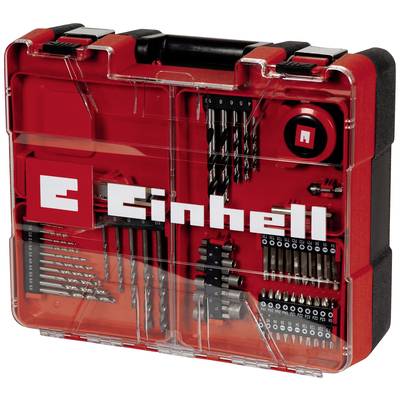 Ein rotes Bohrerset von Einhell in einem transparenten Koffer, zeigt verschiedene Bohrer, Bits und Werkzeuge aufgeteilt in Fächer.