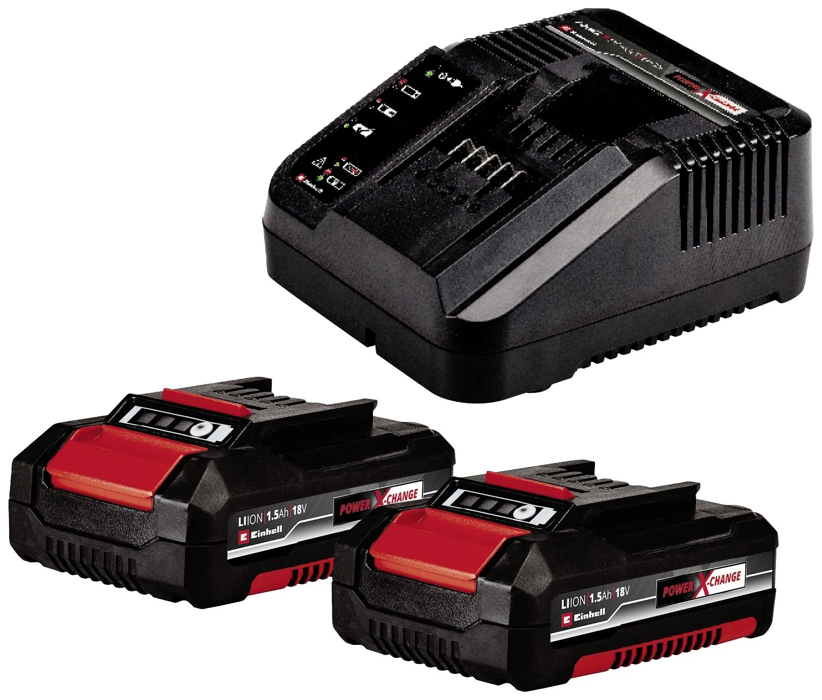 'Einhell Power X-Change' Akku-Ladegerät mit zwei schwarzen, roten Lithium-Ionen-Akkus, geeignet für kabellose Elektrowerkzeuge.