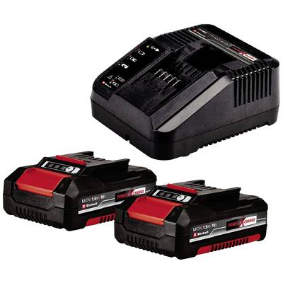 'Einhell Power X-Change' Akku-Ladegerät mit zwei schwarzen, roten Lithium-Ionen-Akkus, geeignet für kabellose Elektrowerkzeuge.
