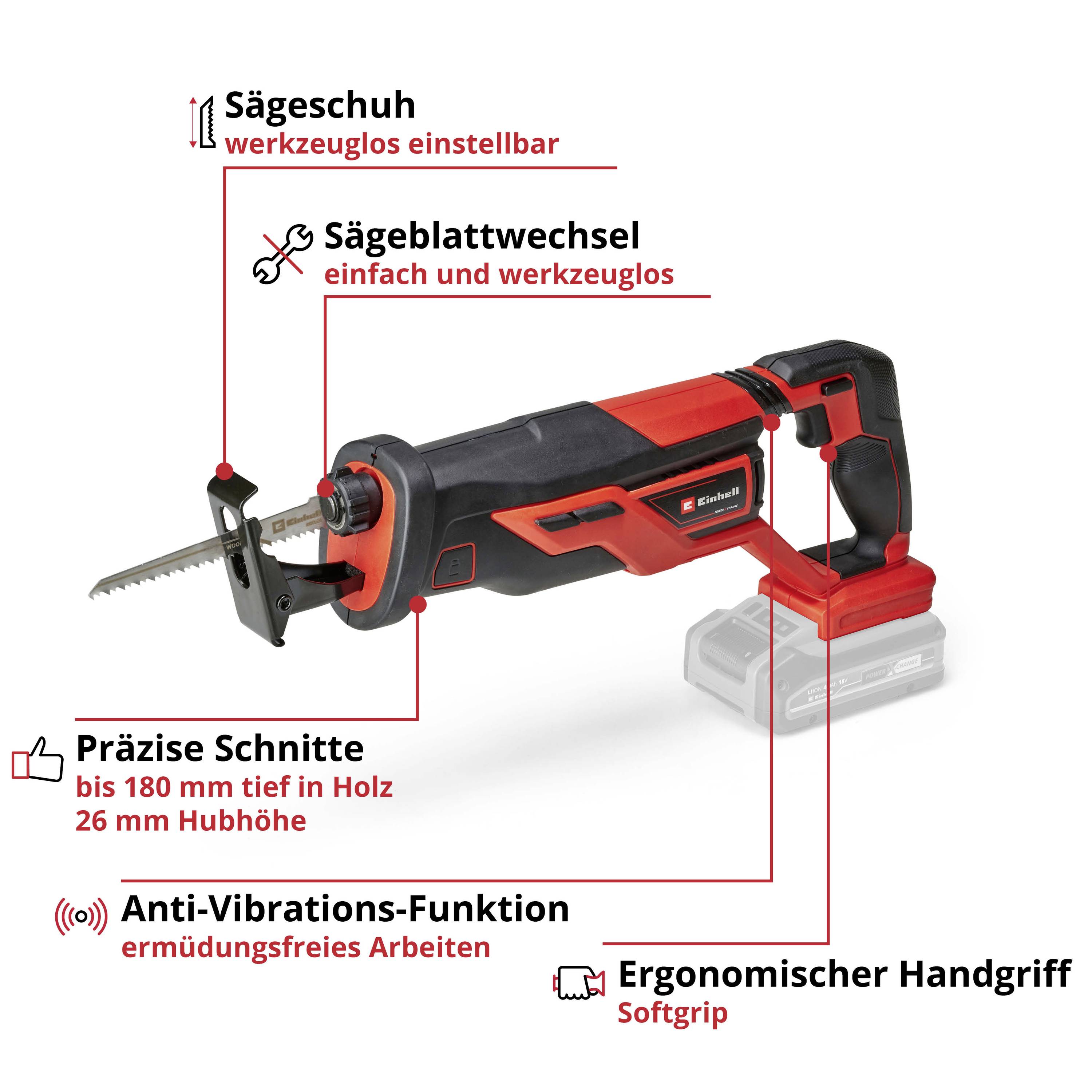 Eine elektrische Säbelsäge mit ergonomischem Griff. Funktionen: einstellbarer Sägeschuh, Sägeblattwechsel, präzise Schnitte. Ideal für Holzarbeiten.
