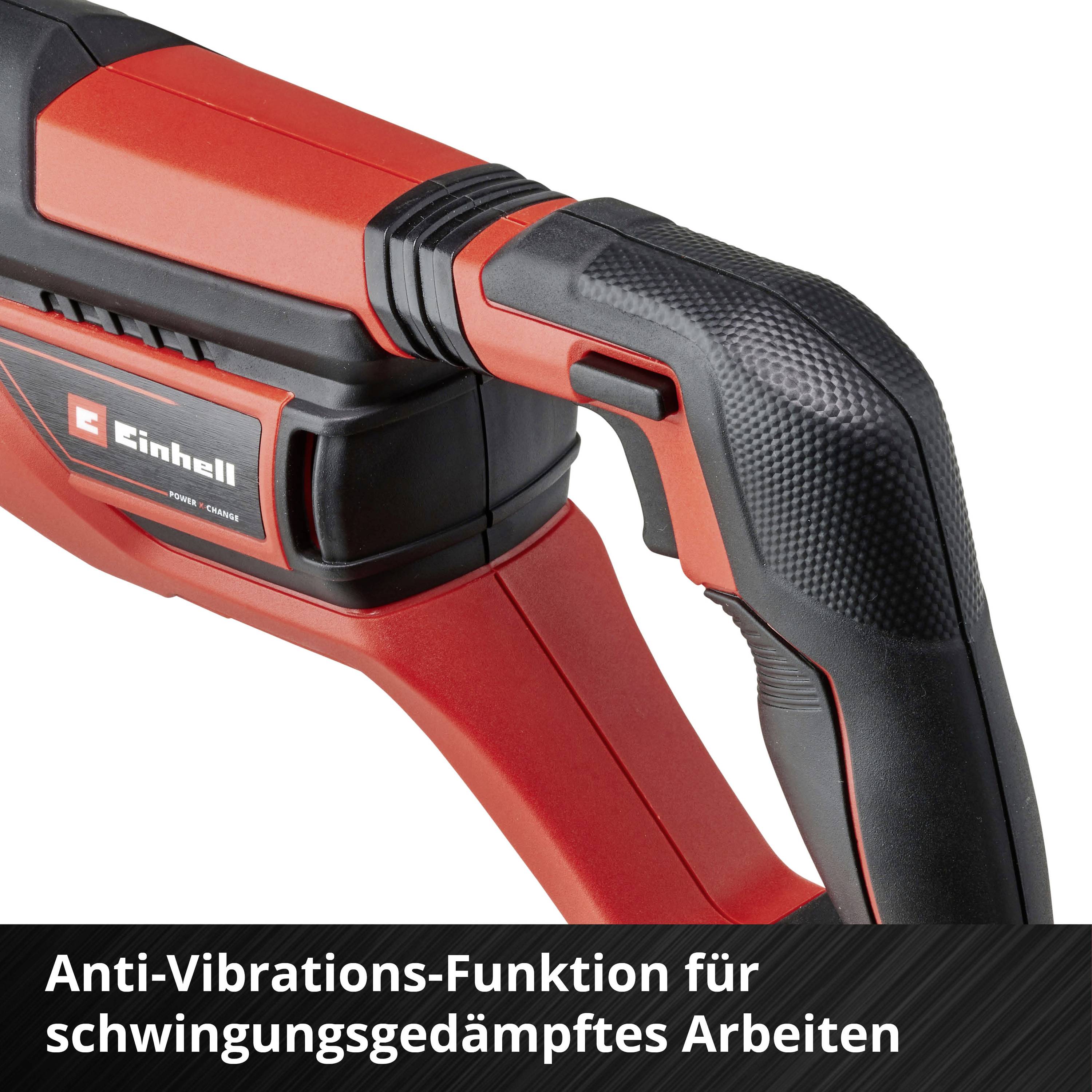 'Einhell' Werkzeuggriff in Nahaufnahme, mit Anti-Vibrations-Funktion für komfortables und schwingungsreduziertes Arbeiten.
