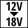 '12V wird zu 18V' in einem schwarzen Quadrat. Ein Pfeil zeigt von '12V' zu '18V', was auf eine Spannungsänderung hinweist.