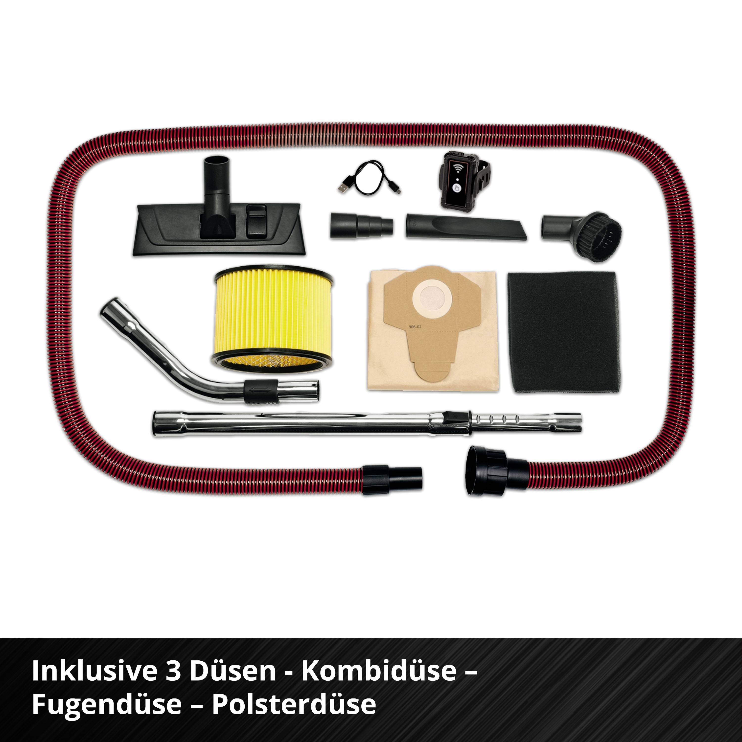 Ein Staubsaugerzubehör-Set mit Schlauch, Filter, drei Düsen und weiteren Teilen. Text: 'Inklusive 3 Düsen – Kombidüse – Fugendüse – Polsterdüse'.