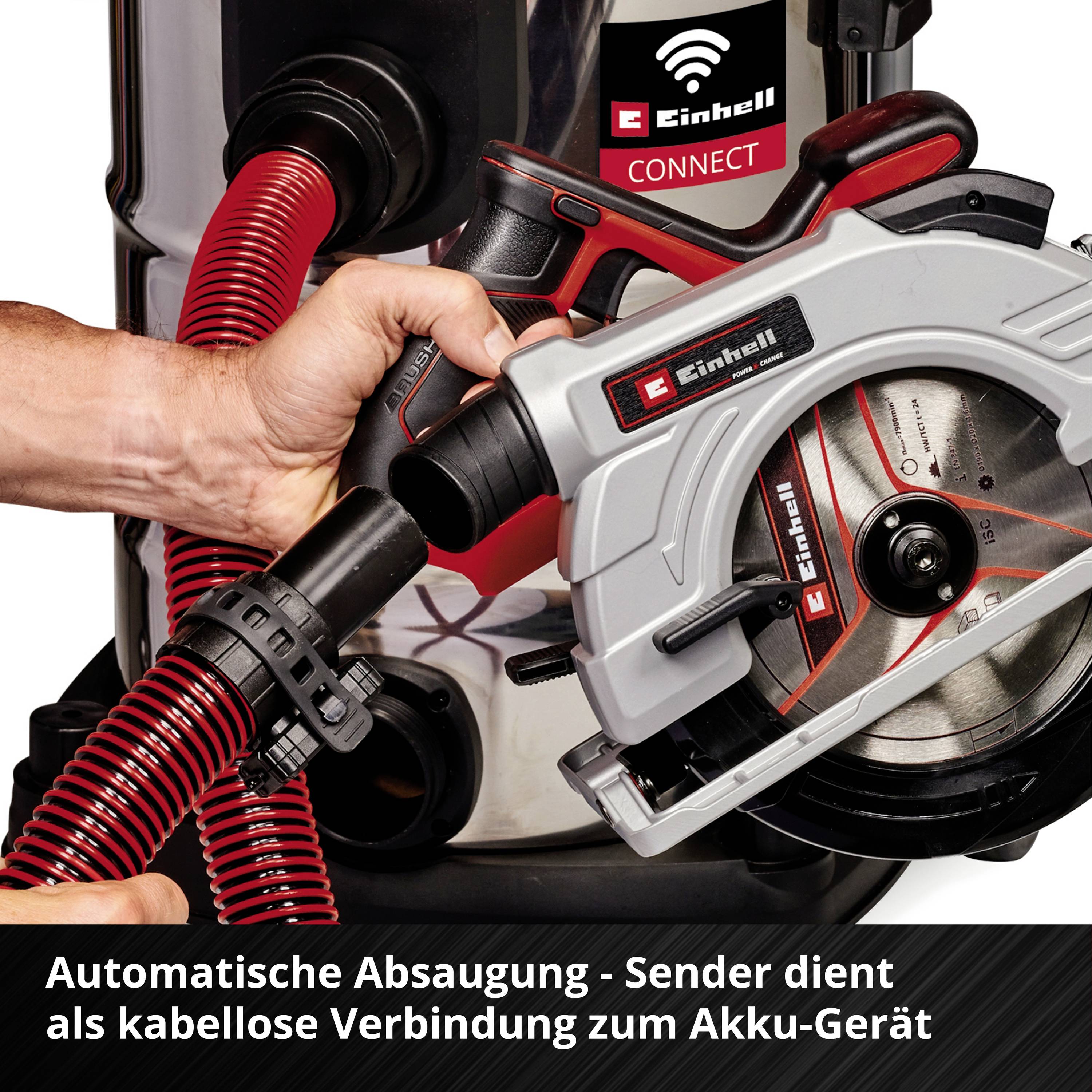 Ein handgeführtes Werkzeug verbindet sich kabellos mit einem Staubsauger. Text: 'Automatische Absaugung - Sender dient als kabellose Verbindung zum Akku-Gerät'.
