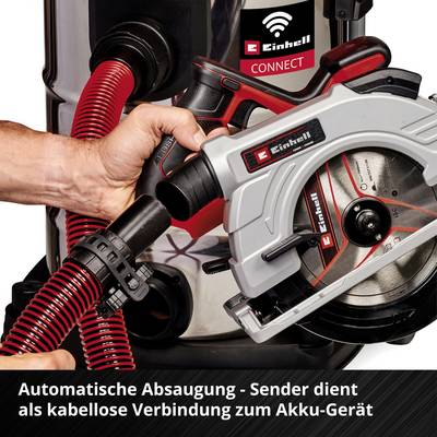 Ein handgeführtes Werkzeug verbindet sich kabellos mit einem Staubsauger. Text: 'Automatische Absaugung - Sender dient als kabellose Verbindung zum Akku-Gerät'.