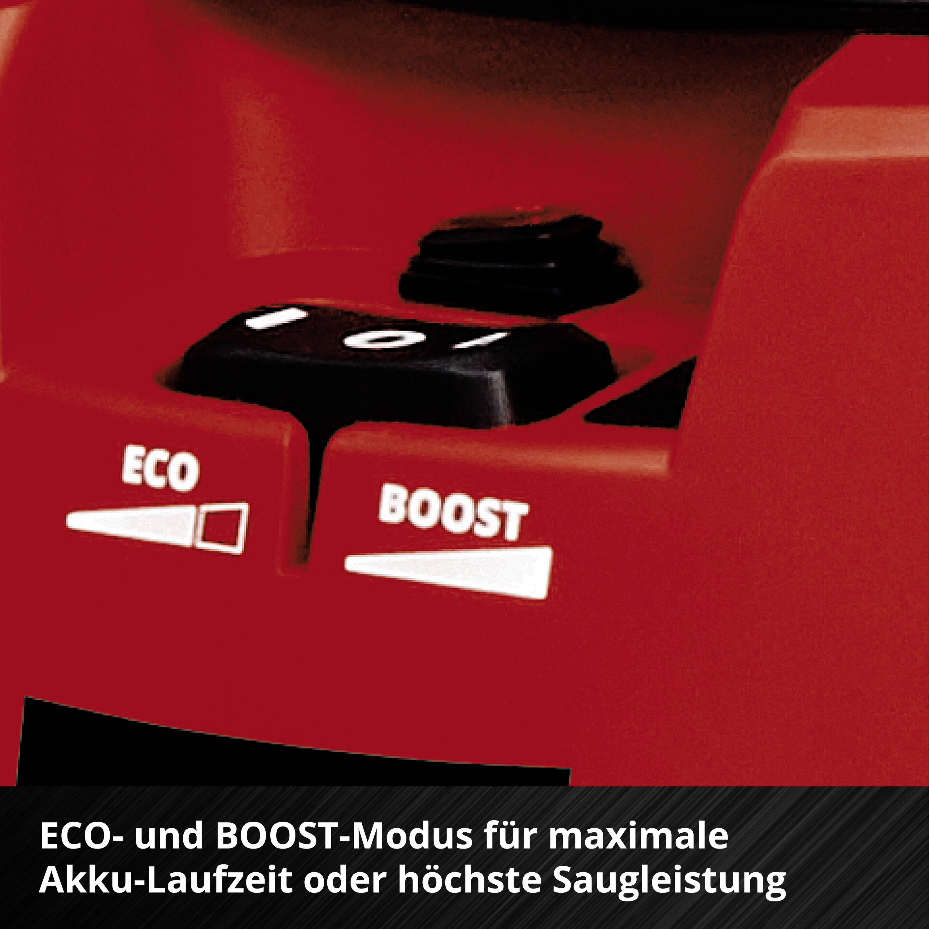 'Staubsauger-Betriebsmodi: ECO für längere Akku-Laufzeit, BOOST für höchste Saugkraft.'