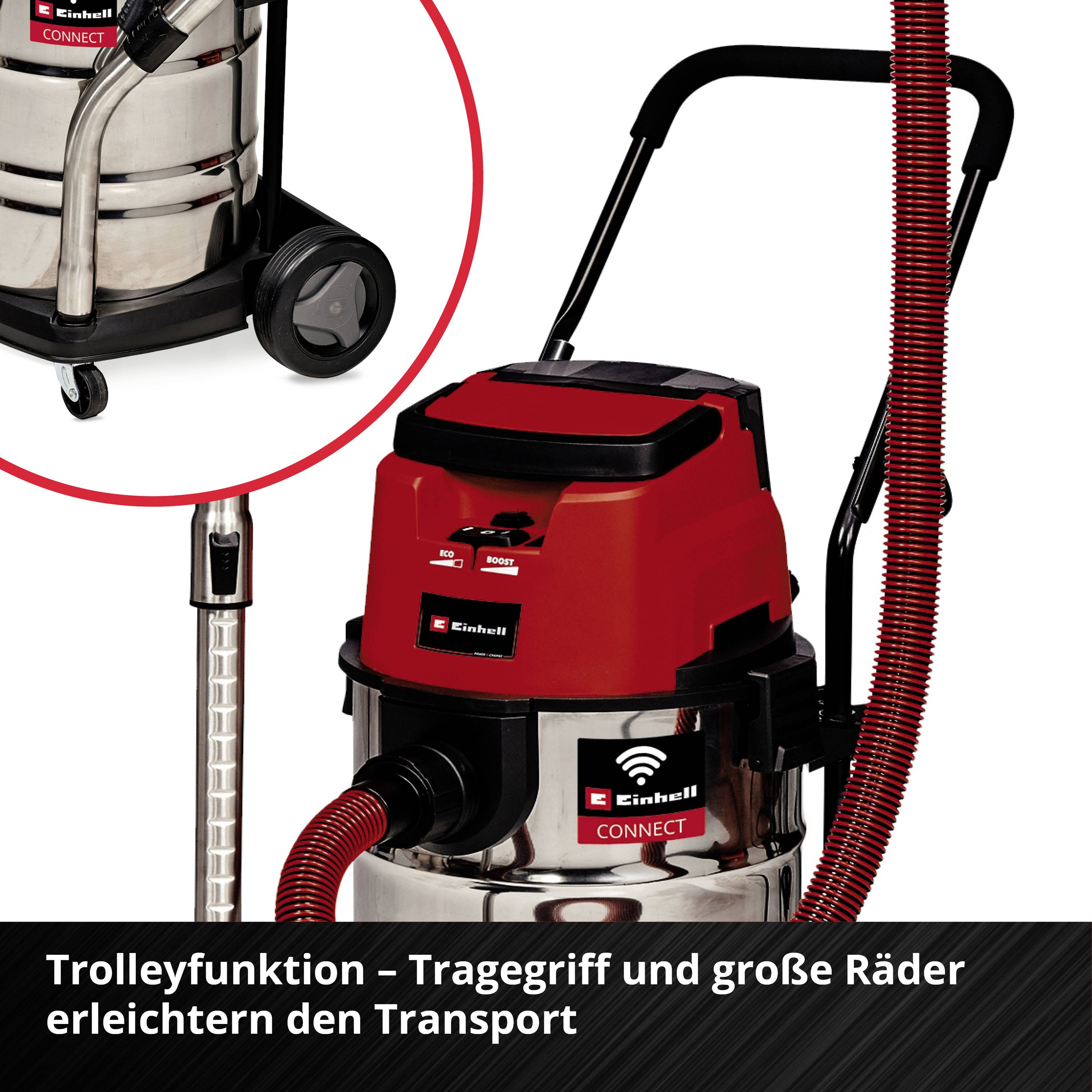 'Einhell Staubsauger mit großen Rädern und Tragegriff zur einfachen Bewegung. Text: Trolleyfunktion – Tragegriff und große Räder erleichtern den Transport.'
