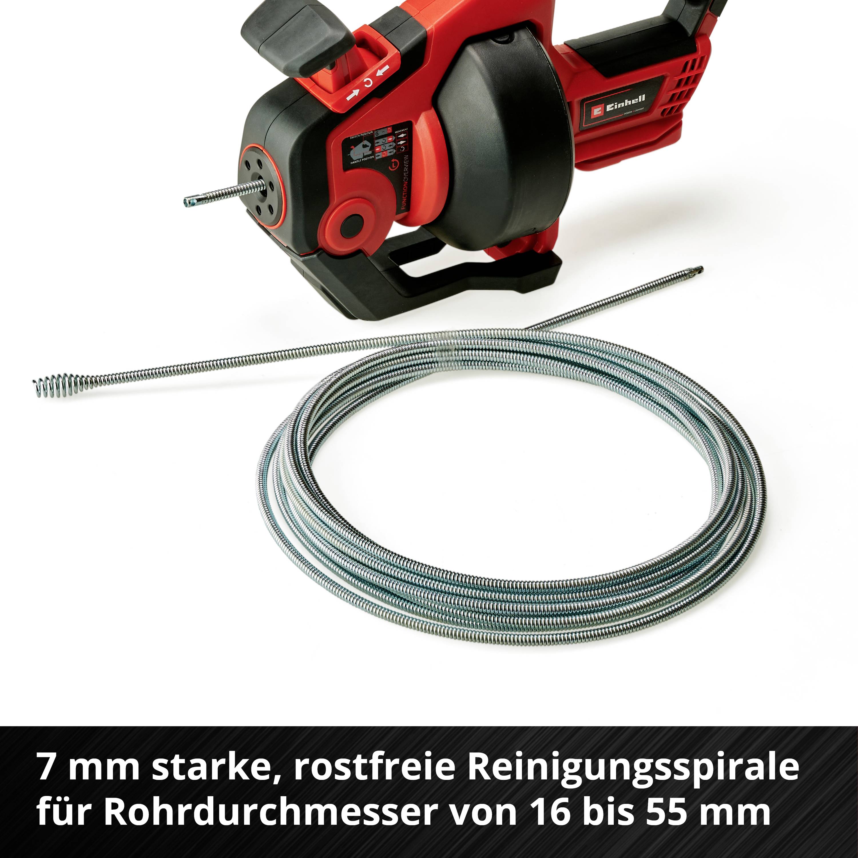 Ein rotes Reinigungsgerät mit rostfreier Spirale, geeignet für Rohrdurchmesser von 16 bis 55 mm, liegt auf weißem Hintergrund.