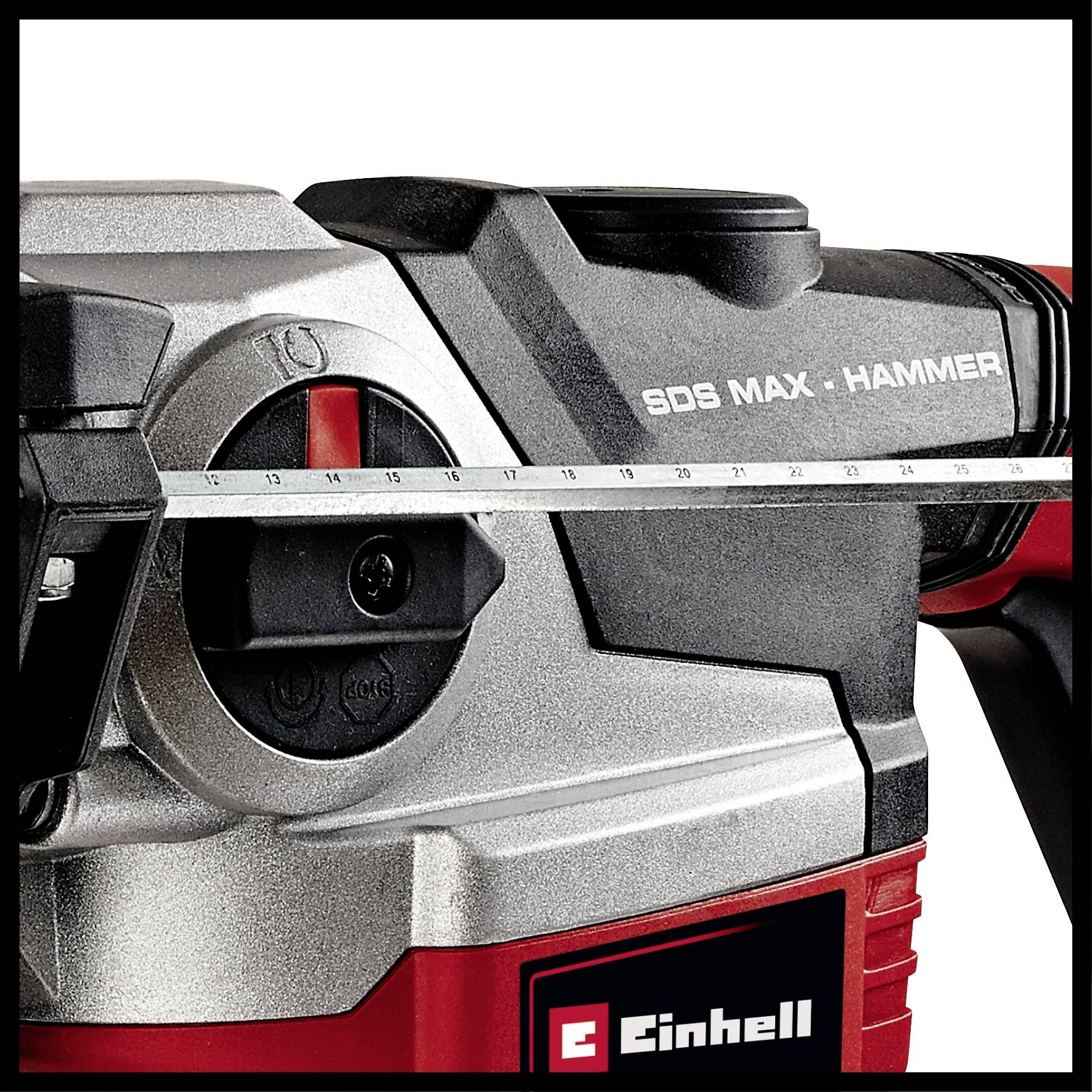 Einhell Bohrhammer SDS-Max mit einer angedeuteten Stahlmaßleiste für präzises Bohren in Beton.