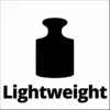 Schwarzes Icon eines Gewichts mit der Aufschrift 'Lightweight'. Symbolisiert Leichtigkeit oder geringe Belastung.