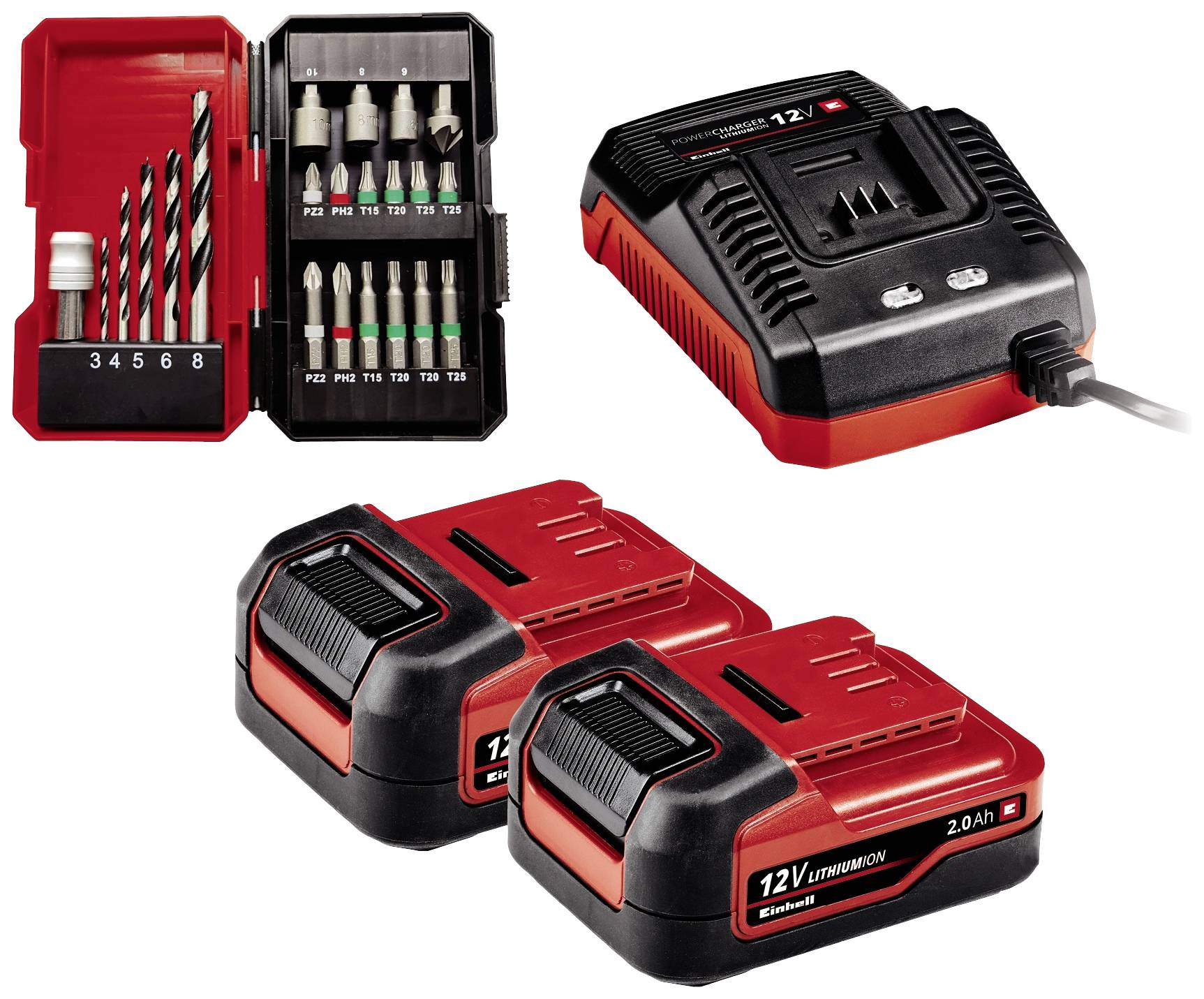 Akkuschrauber-Set mit Bohrern, Schraubendreher-Bits, Ladegerät und zwei 12V-Lithium-Ionen-Akkus, rot-schwarzes Design.
