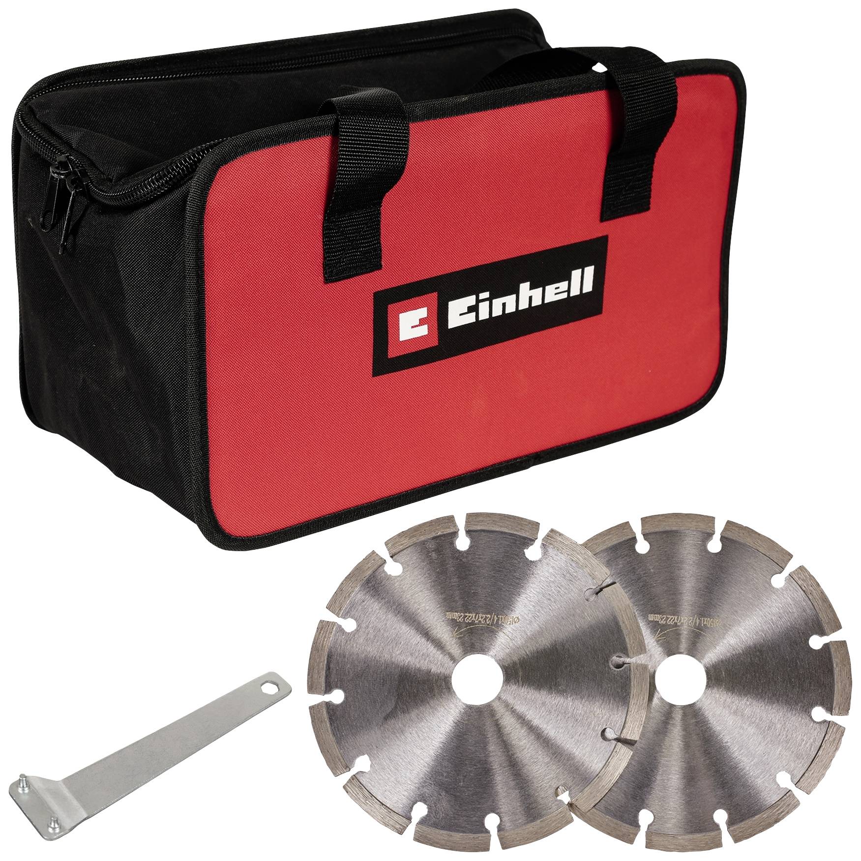 Tragetasche aus Stoff mit 'Einhell'-Logo, zwei Metallsägeblätter und ein silbernes Werkzeug.