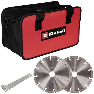 Tragetasche aus Stoff mit 'Einhell'-Logo, zwei Metallsägeblätter und ein silbernes Werkzeug.