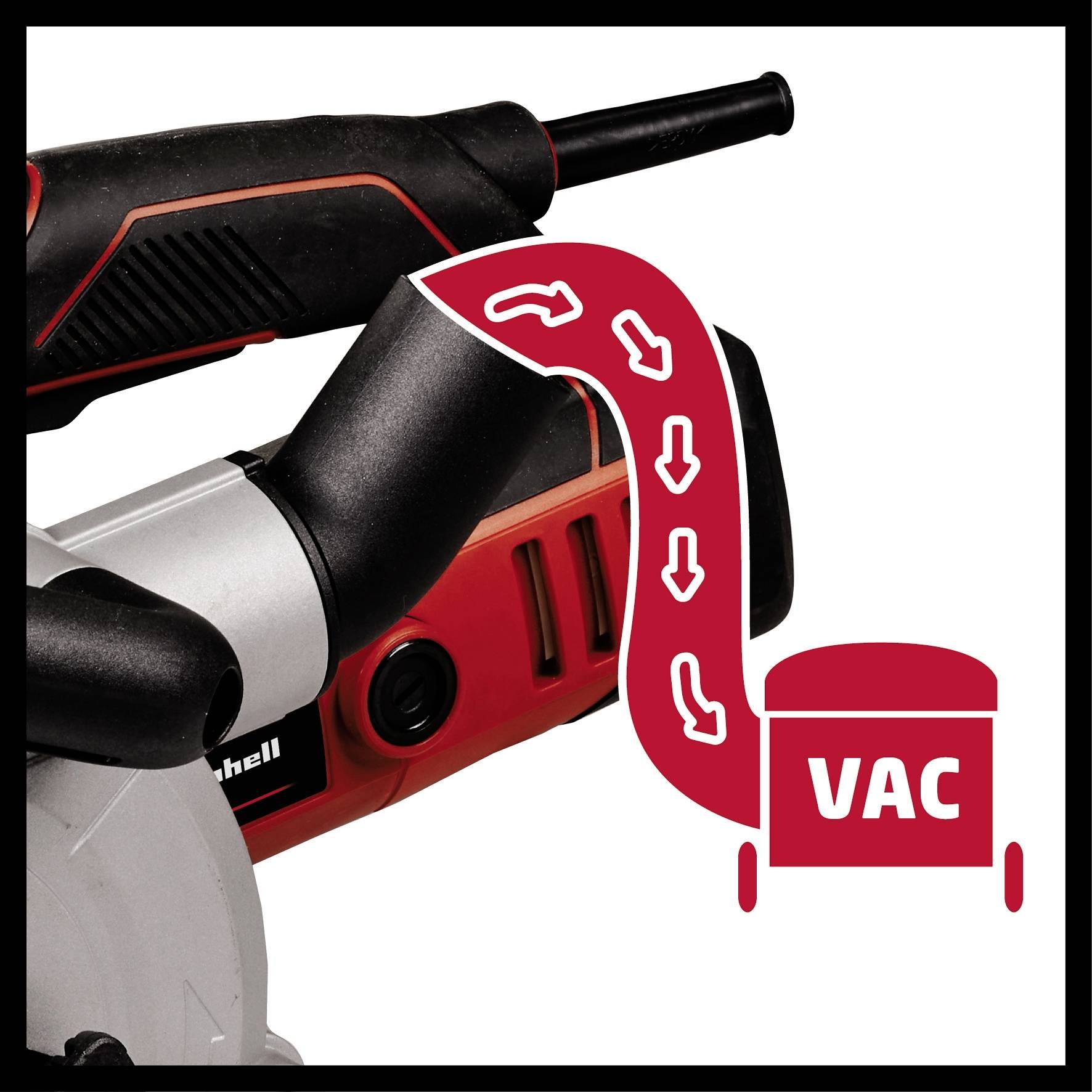 Eine Elektrowerkzeug mit einem Staubsaugersymbol daneben, das zeigt, dass das Gerät über eine Staubabsaugungsfunktion verfügt.