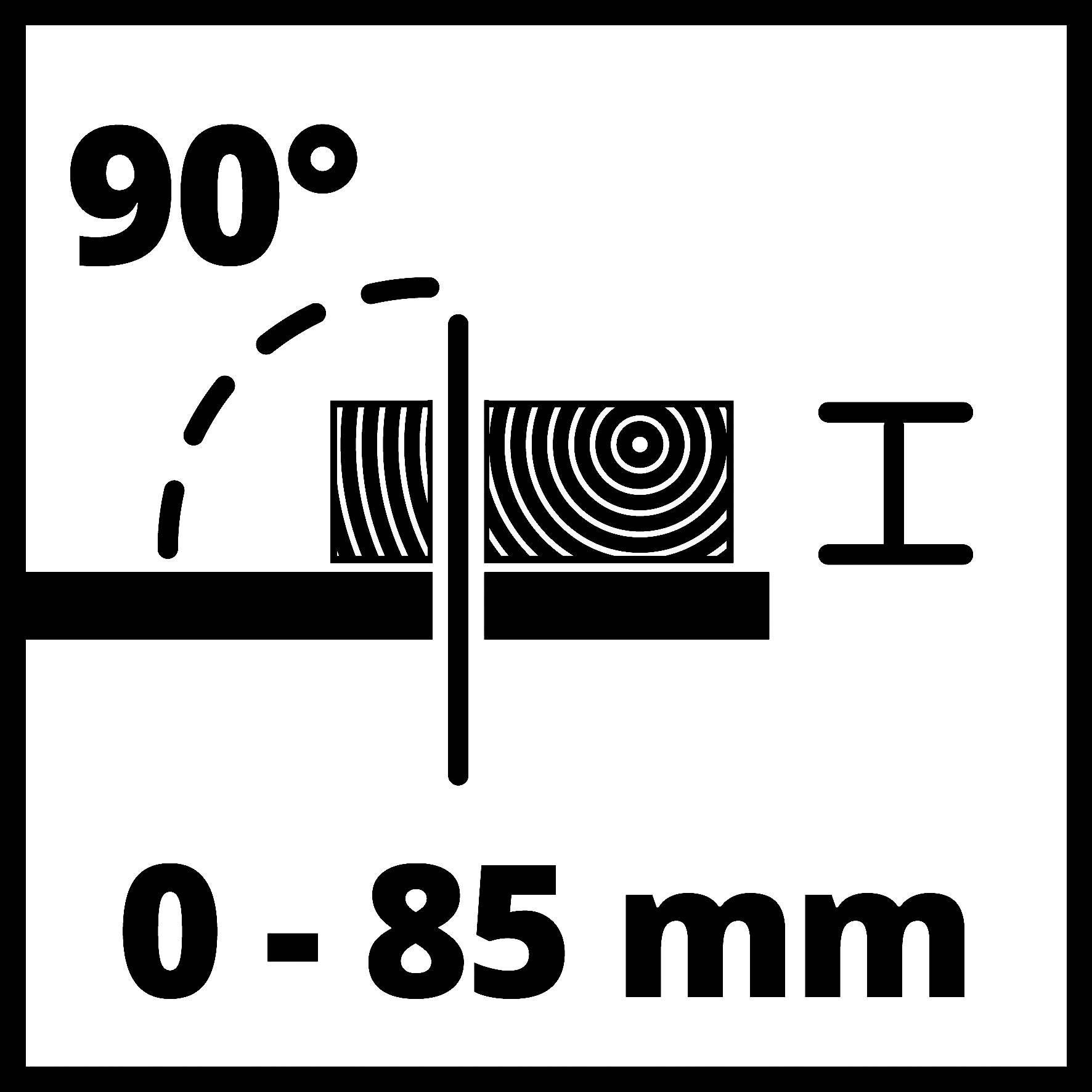 'Schnittwinkel 90 Grad.' Grafik zeigt das Symbol für Winkelschnittfähigkeit einer Maschine. Maximale Schnitthöhe: 85 mm.
