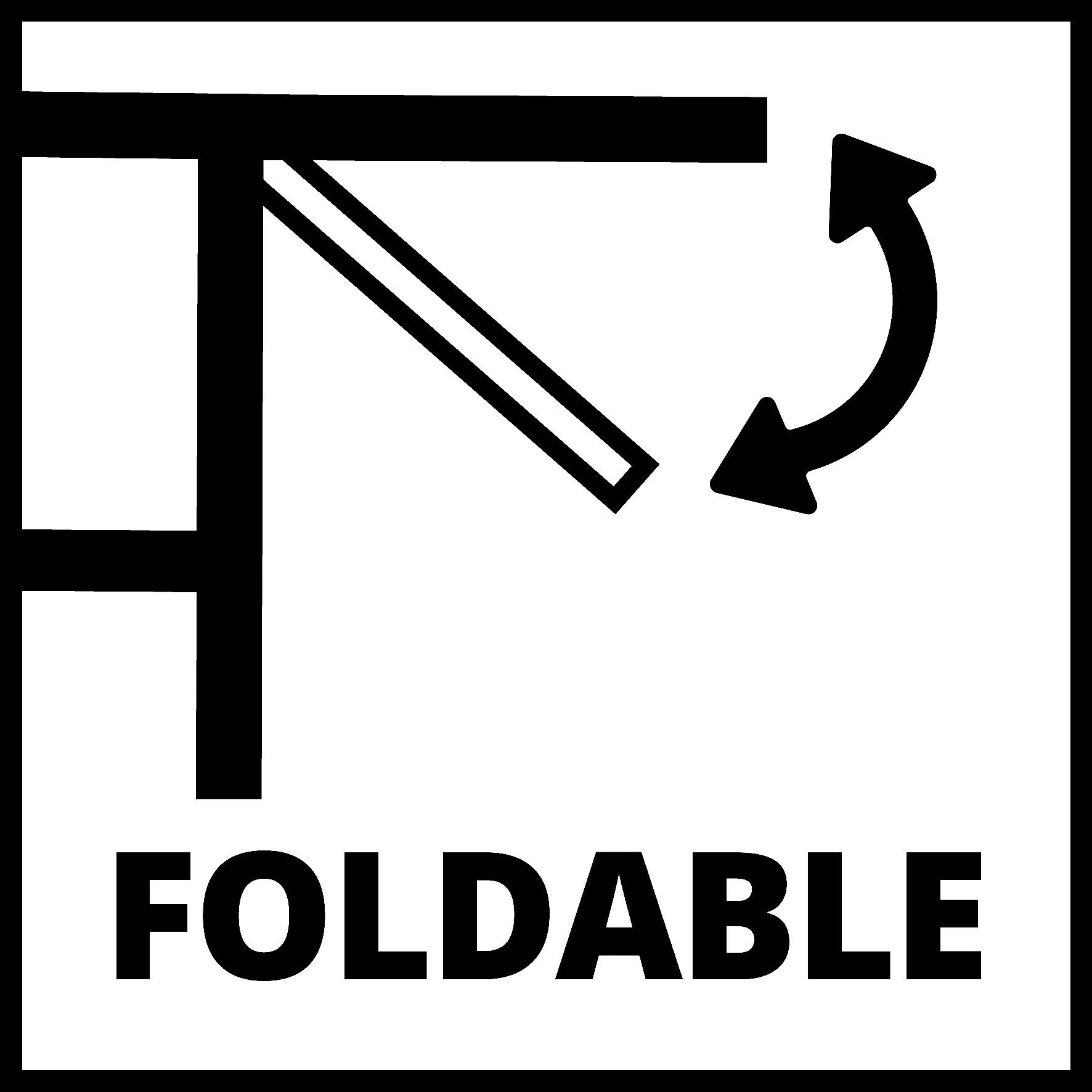 Symbol eines einklappbaren Tischs, dargestellt durch einen Pfeil, der eine klappbare Tischplatte zeigt. Text: 'Foldable'.