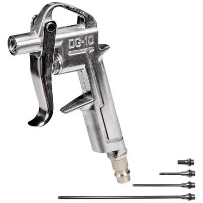 Metallische Druckluftpistole mit der Aufschrift 'DG-10' und vier austauschbaren Düsen. Ideal für präzise Reinigungsarbeiten.