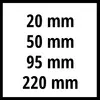 '20 mm, 50 mm, 95 mm, 220 mm' in schwarzer Schrift auf weißem Hintergrund.