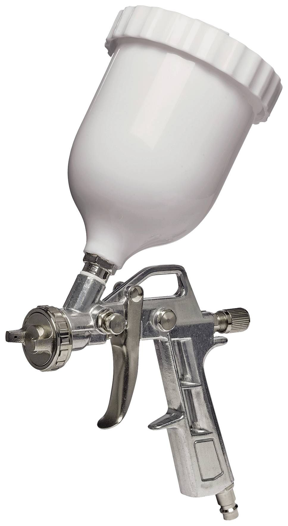 Eine silberne Spritzpistole mit einem weißen Behälter, verwendet für präzises Auftragen von Farbe oder anderen Flüssigkeiten.