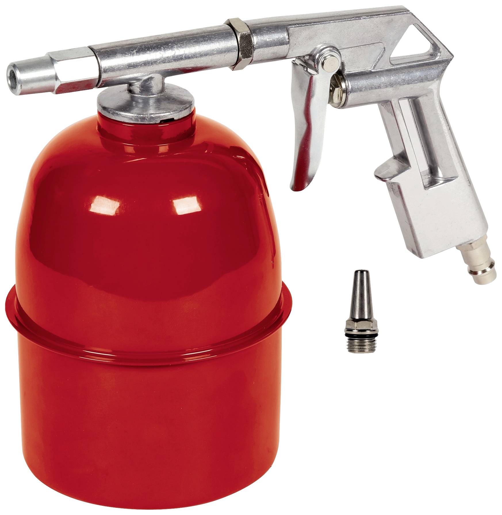 Eine rote Druckluftpistole mit einem abnehmbaren Metallaufsatz, verwendet zum Reinigen oder Trocknen von Oberflächen mit Druckluft.