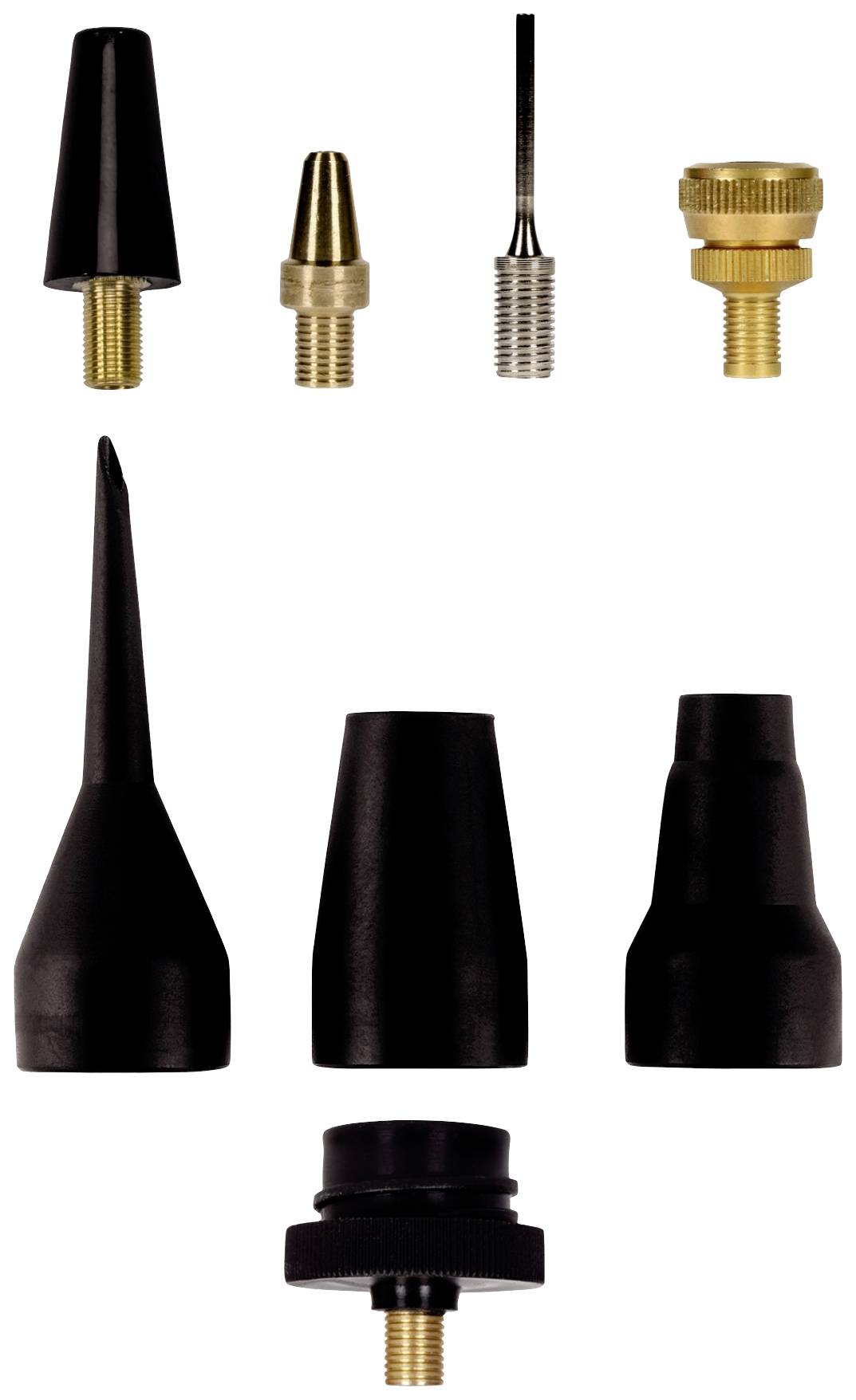 Verschiedene schwarze und goldene Düsenspitzen und Adapter für Druckluftgeräte in unterschiedlichen Formen und Größen.