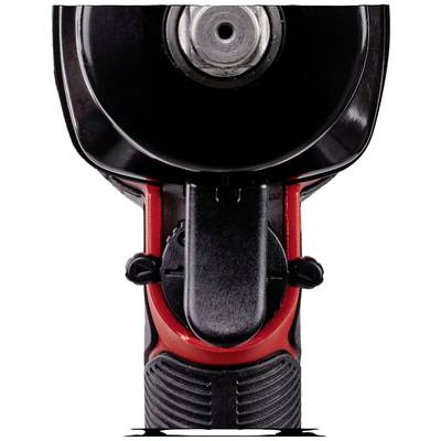 Eine schwarze und rote Bohrmaschine von vorne, Drehmechanismus sichtbar. Augenmerk liegt auf dem Bohrkopf und dem Griffdesign.