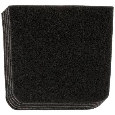 Fünf übereinander gestapelte, schwarze Schaumstofffilter in quadratischer Form.