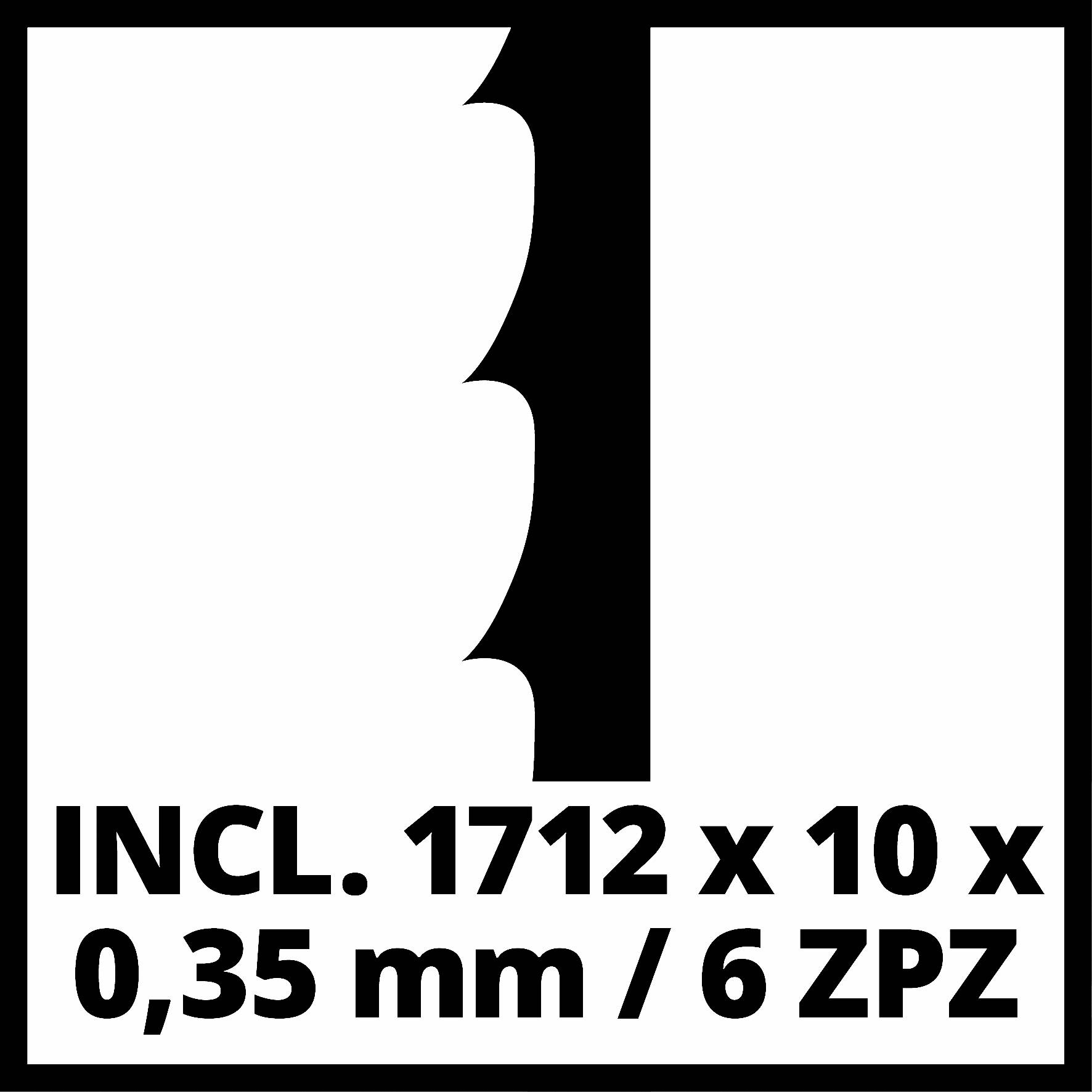 'Symbol eines Zahnrads mit der Aufschrift: INCL. 1712 x 10 x 0,35 mm / 6 ZPZ', zeigt technische Maße eines Werkzeugs.